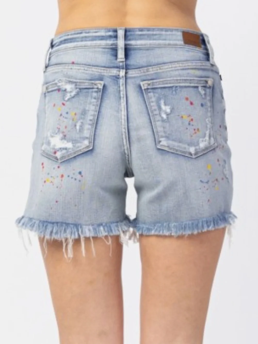 Judy Blue Mid Rise Rainbow Paint Splash Distressed Denim Cutoff Shorts XL NWT